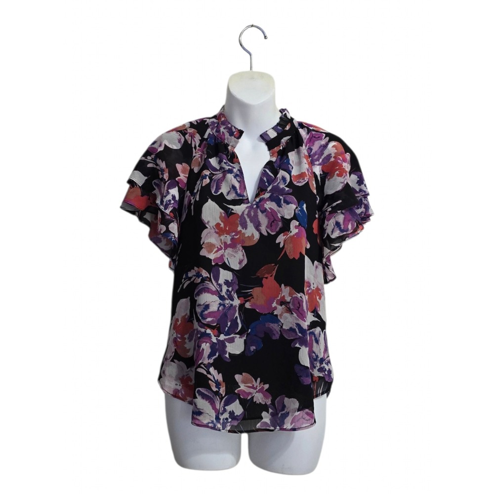 Lauren Ralph Lauren Floral Chiffon Flutter Sleeve Split Neck Blouse Sz XS